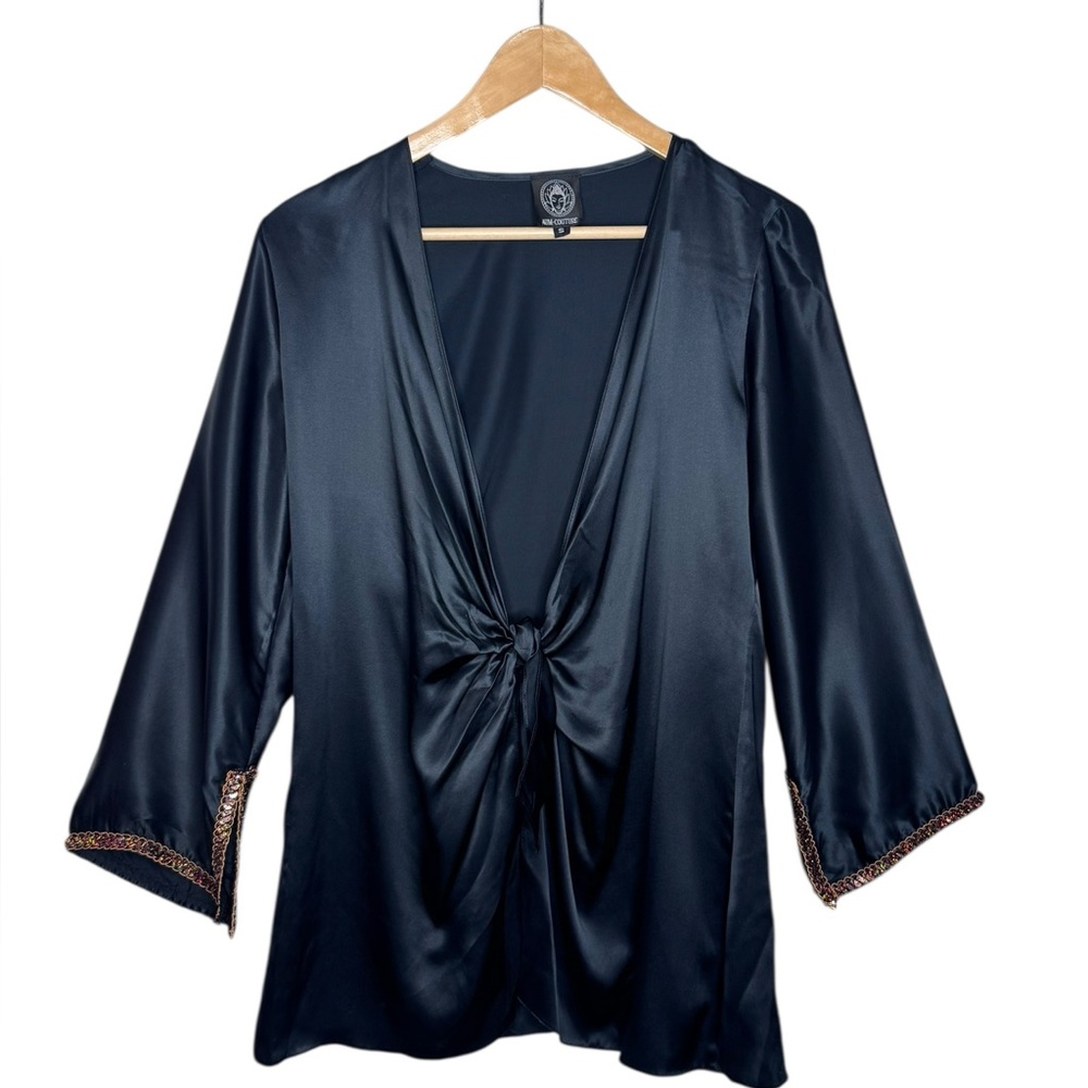 AUM Couture Silk Bohemian Goddess Top Black Tie Front S-L - Picture 6 of 10